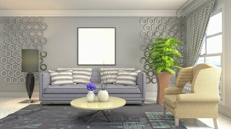 mock up poster frame in interior background. 3D Illustration.