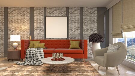 mock up poster frame in interior background. 3D Illustration.