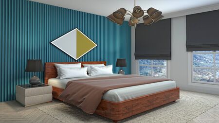 Bedroom interior. Bed. 3d illustration.