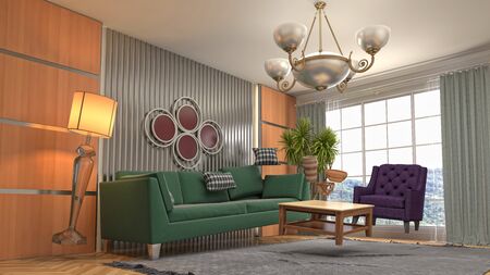 Zero Gravity Sofa hovering in living room. 3D Illustration.