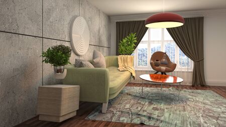 Zero Gravity Sofa hovering in living room. 3D Illustration.