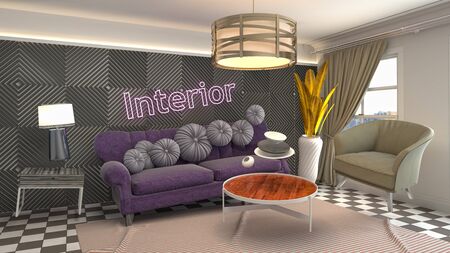 Zero Gravity Sofa hovering in living room. 3D Illustration.