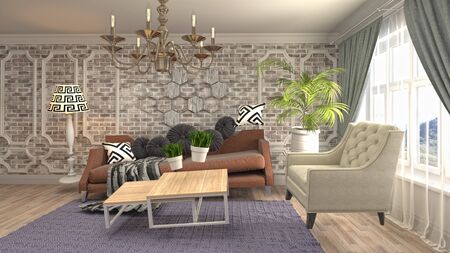 Zero Gravity Sofa hovering in living room. 3D Illustration.