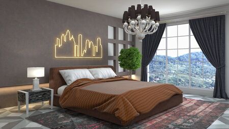 Bedroom interior. Bed. 3d illustration.