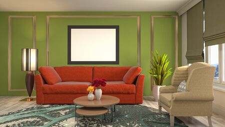 mock up poster frame in interior background. 3D Illustration.の写真素材