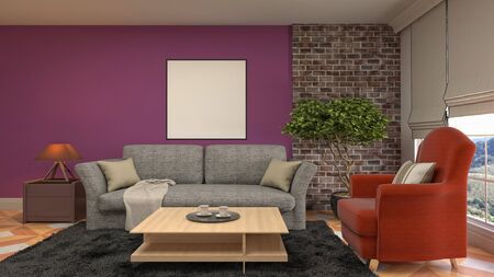 mock up poster frame in interior background. 3D Illustration.