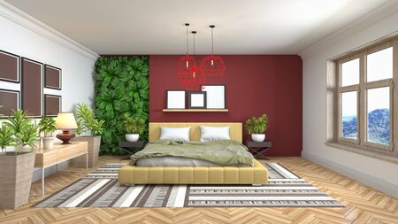 Bedroom interior. Bed. 3d illustration.