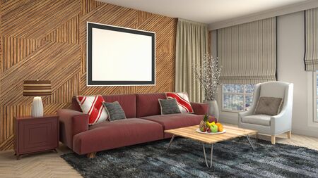 mock up poster frame in interior background. 3D Illustration.