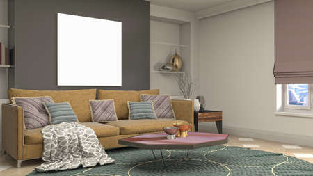 mock up poster frame in interior background. 3D Illustration.