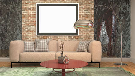 mock up poster frame in interior background. 3D Illustration.