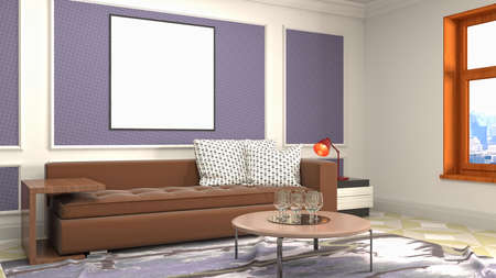 mock up poster frame in interior background. 3D Illustration.
