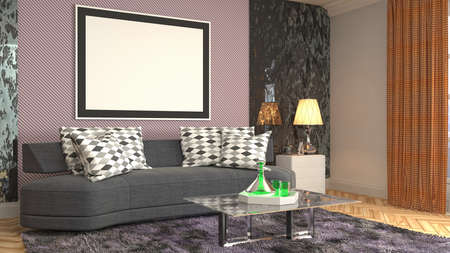 mock up poster frame in interior background. 3D Illustration.