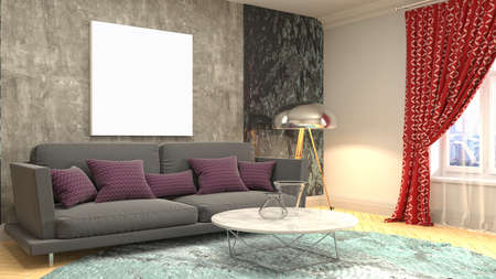 mock up poster frame in interior background. 3D Illustration.