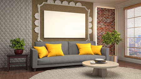 mock up poster frame in interior background. 3D Illustration.