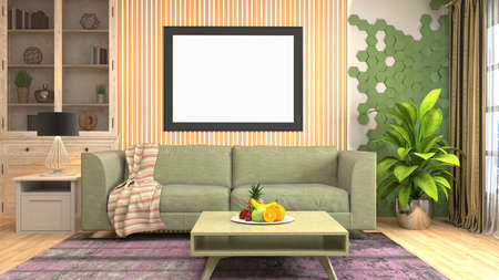 mock up poster frame in interior background. 3D Illustration.