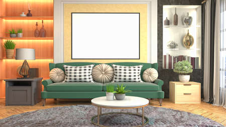 mock up poster frame in interior background. 3D Illustration.