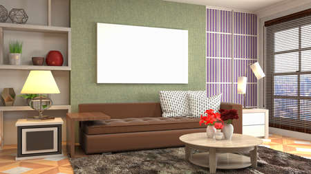 mock up poster frame in interior background. 3D Illustration.