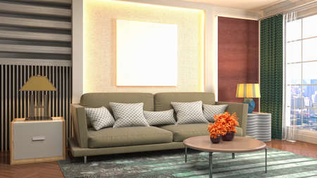 mock up poster frame in interior background. 3D Illustration.