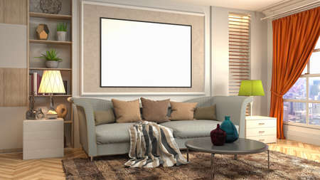 mock up poster frame in interior background. 3D Illustration.
