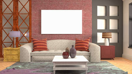 mock up poster frame in interior background. 3D Illustration.