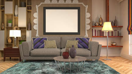 mock up poster frame in interior background. 3D Illustration.