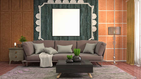 mock up poster frame in interior background. 3D Illustration.