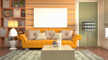 mock up poster frame in interior background. 3D Illustration.