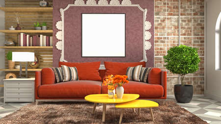 mock up poster frame in interior background. 3D Illustration.