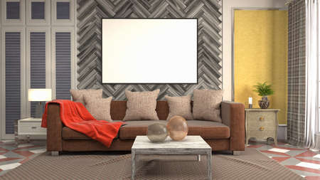 mock up poster frame in interior background. 3D Illustration.