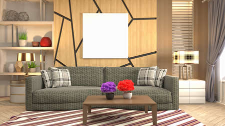 mock up poster frame in interior background. 3D Illustration.