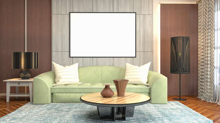 mock up poster frame in interior background. 3D Illustration.