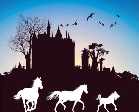 silhouettes of three horses running in the background of the ancient castle at sunriseのイラスト素材
