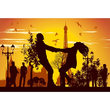 boy and girl swirling in the street in Parisのイラスト素材