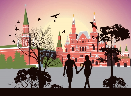 boy and girl holding hands and walking in the Red Squareのイラスト素材