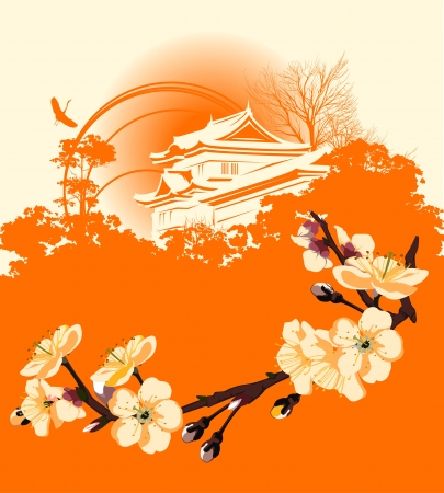 card with a flower sakura and Japanese housesのイラスト素材