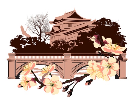 cherry blossom on a background of Japanese houseのイラスト素材