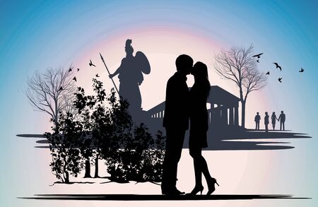 kissing couple on the background of historical buildings and sculptures of Greeceのイラスト素材