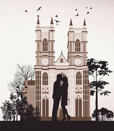 man kissing woman near the Catholic Cathedralのイラスト素材