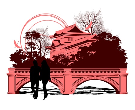 people go by the bridge near the Chinese housesのイラスト素材