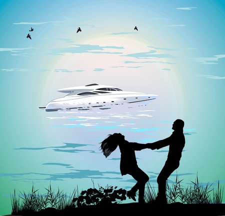 people on the yacht sailed to the island in the oceanのイラスト素材