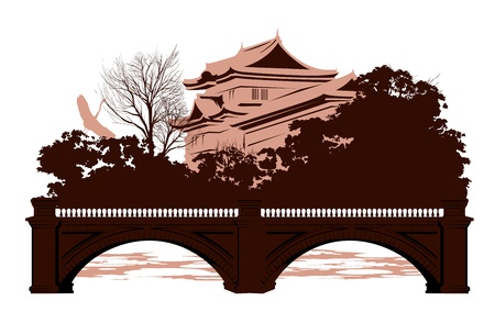 Postcard with Japanese houses and a bridgeのイラスト素材
