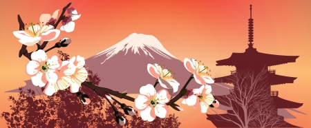 Sakura mountains and Japanese housesのイラスト素材