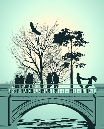 Young people having fun on the bridge in the parkのイラスト素材