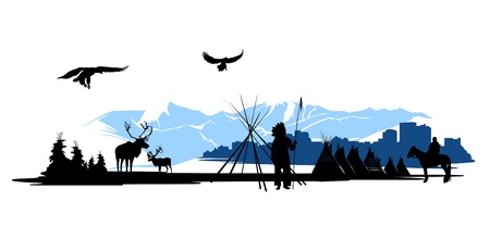 American Indian on the city buildings and snow mountains backgroundのイラスト素材
