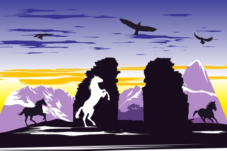 Black horses near the broken rocks on the sunset backgroundのイラスト素材