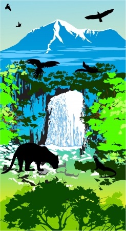 Jungle animals on the waterfall and mountains backgroundのイラスト素材