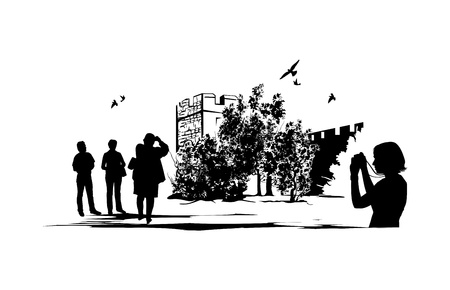 Tourists take pictures of an ancient castleのイラスト素材