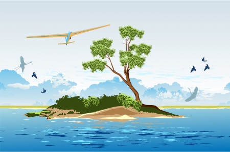 The glider flies over the island in the oceanのイラスト素材