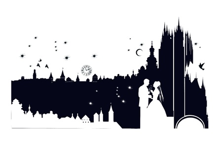 The bride and groom on the backdrop of the castleのイラスト素材