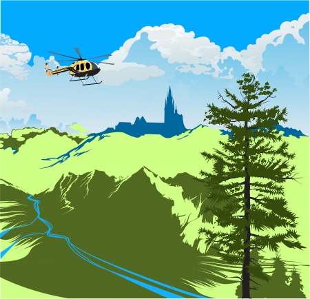 helicopter flying over the green valley with a riverのイラスト素材